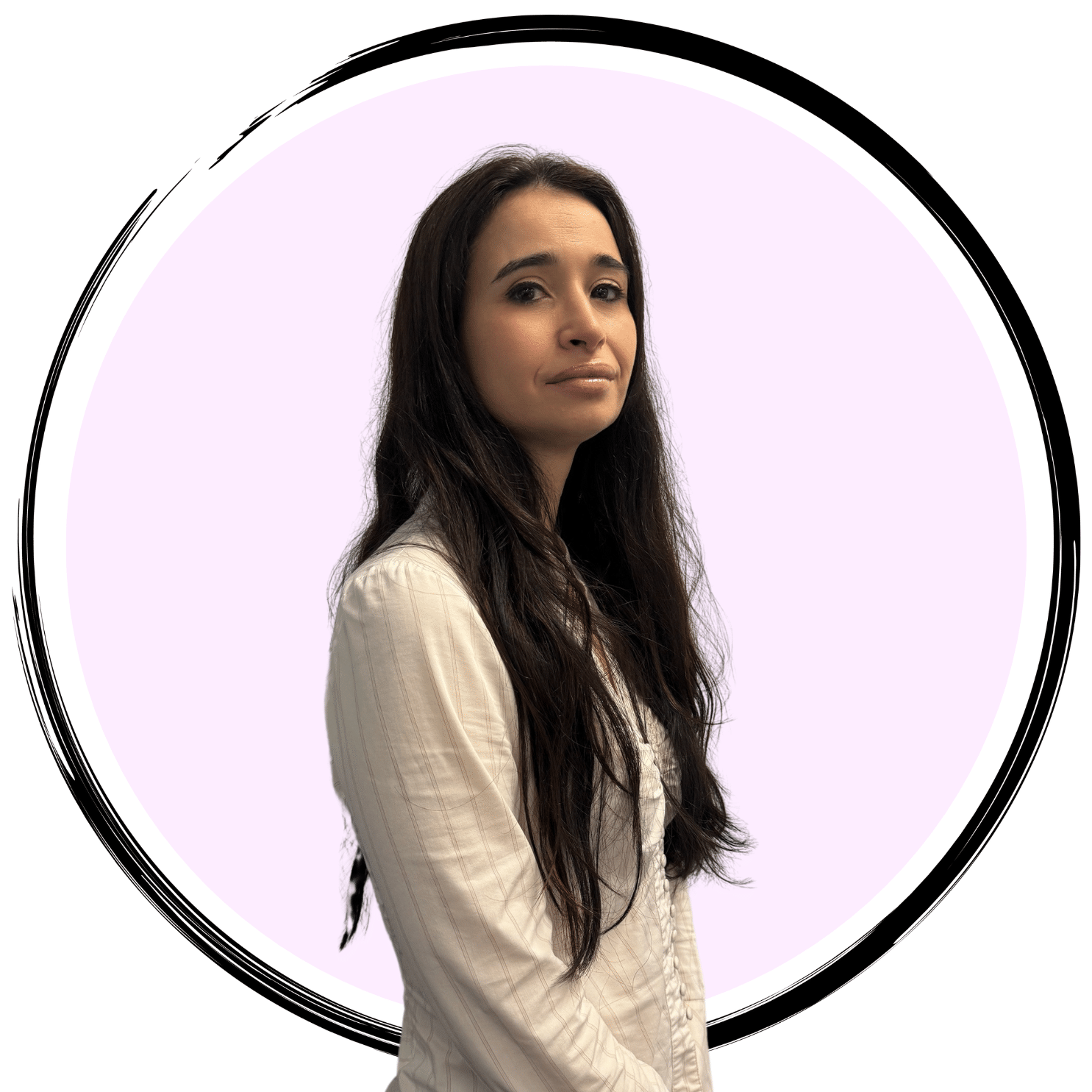 A woman with long dark hair is standing in front of a light purple circular background. She is wearing a white shirt and has a neutral expression, looking slightly toward the camera.