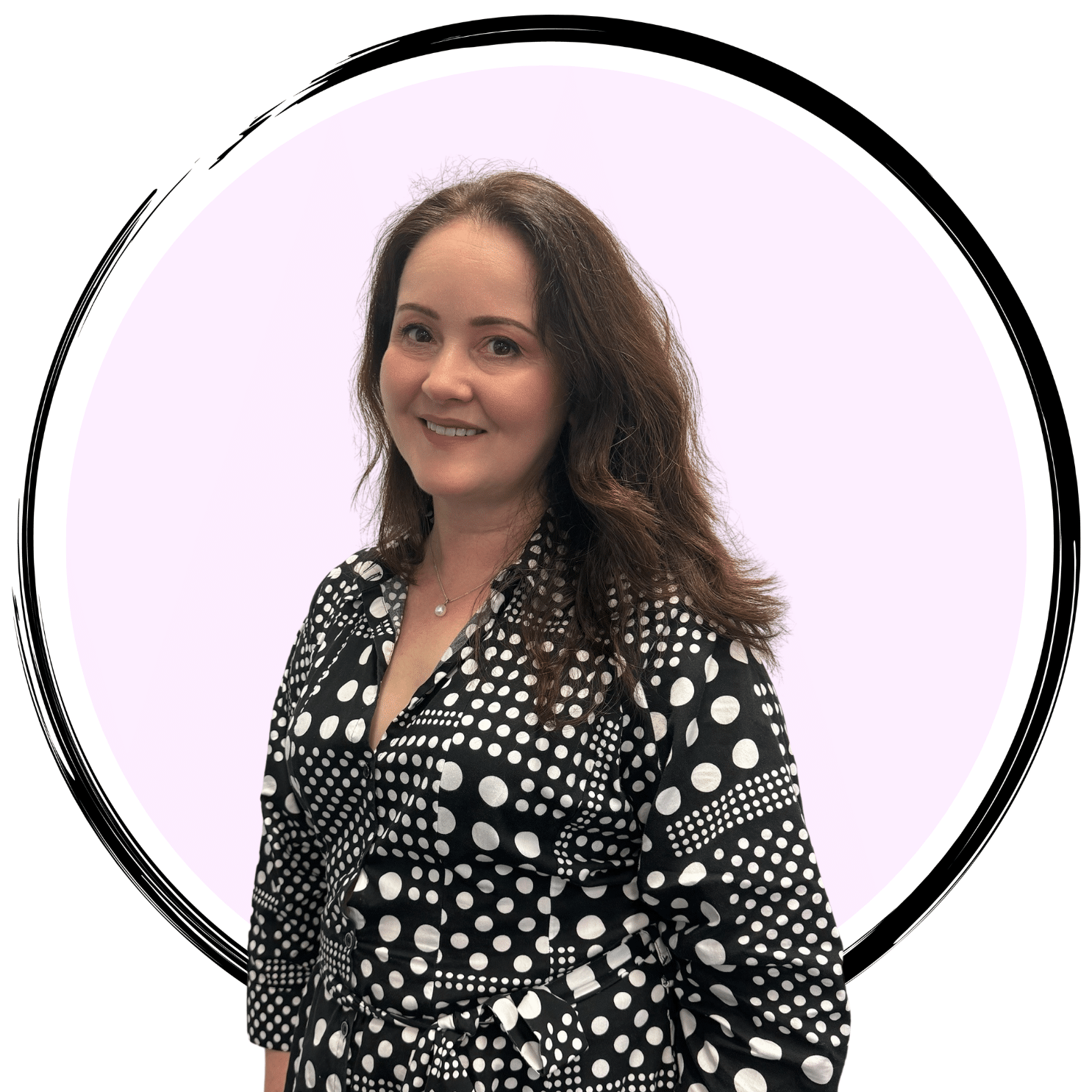 A woman with long brown hair is smiling, wearing a black and white polka dot dress. She stands against a light purple circular background with a black border.