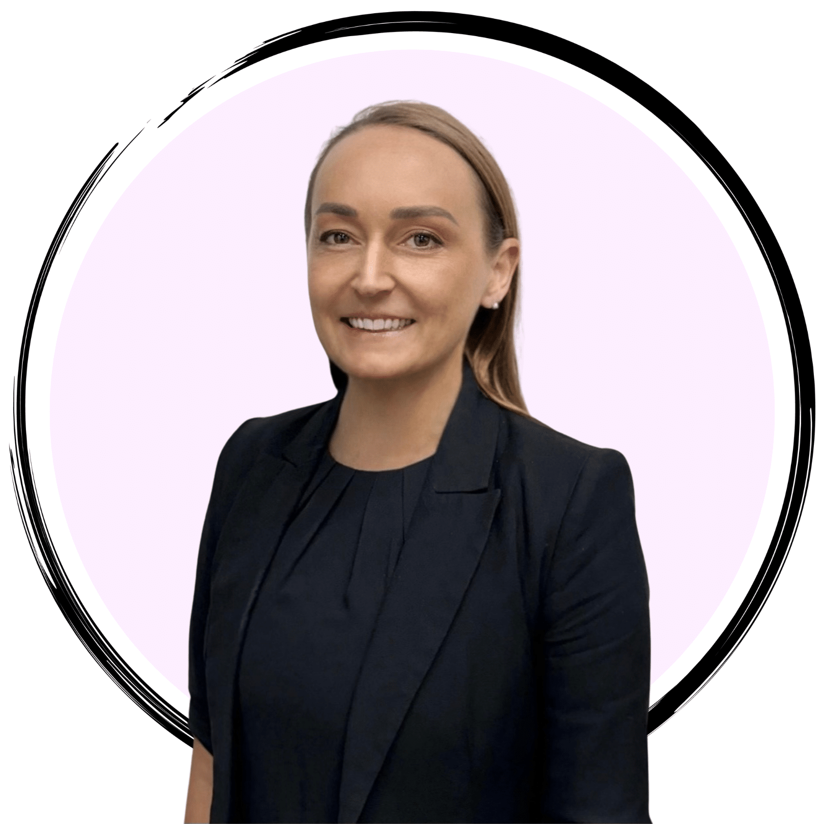 Person with long hair wearing a black blazer and top, smiling, standing against a light purple circular background with a black border.