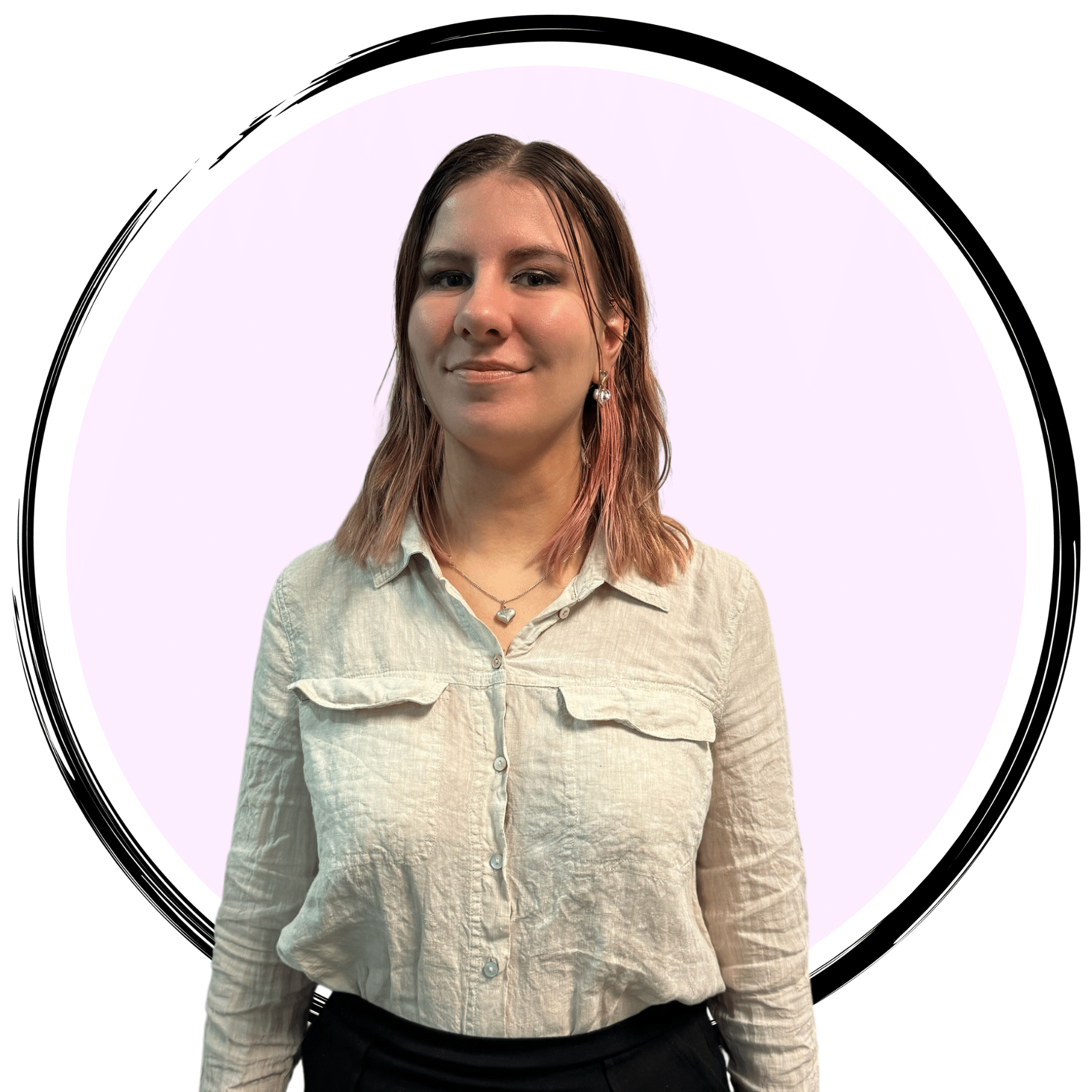 A person with shoulder-length hair and wearing a white, long-sleeve button-up shirt is standing in front of a light purple circular background.